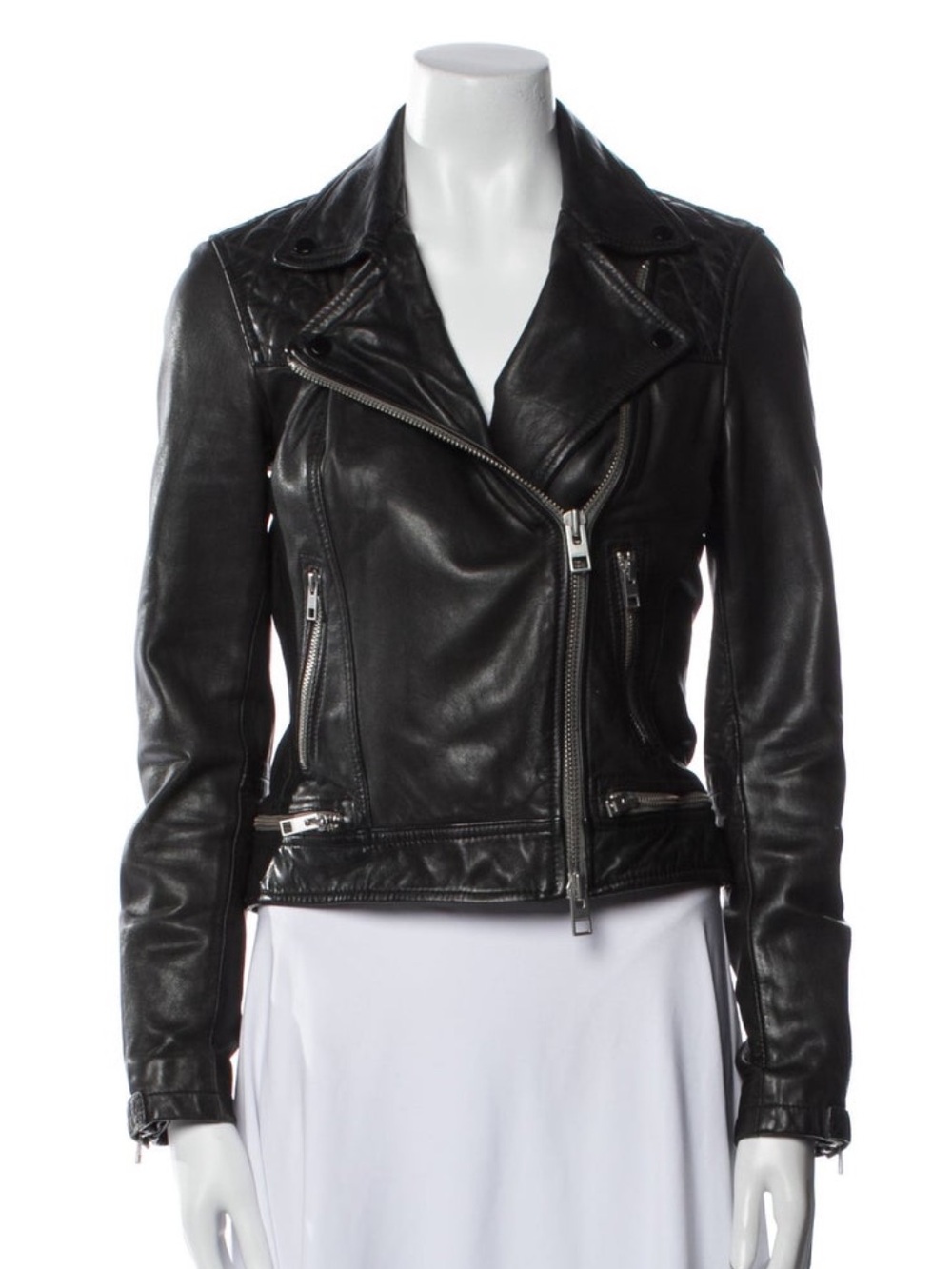 AllSaints Women's Black Leather Moto Jacket with Silver Hardware